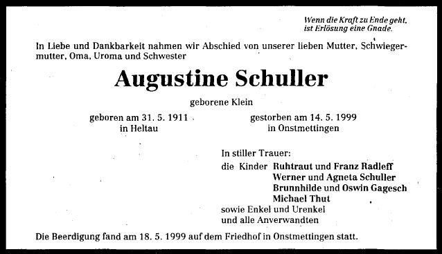 Klein Augustine 1911-1999 Todesanzeige